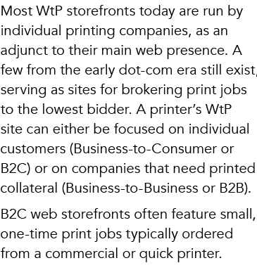 Most WtP storefronts today are run by individual printing companies, as an adjunct to their main web presence. A few ...