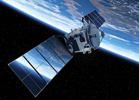 Communication Satellite Orbiting Planet Earth. 3D Scene.